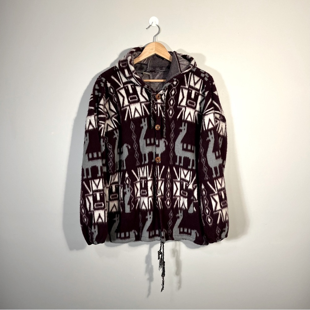 Andes Vintage Alpaca Wool Aztec Pattern Hooded Maroon Jacket
